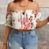 Blusa Plus con diseno floral, hombros descubiertos, ribete de volantes y nudo frontal