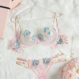 FloralLove Conjunto de lenceria sexy transparente bordada con cadenas de metal en 2 piezas para mujeres