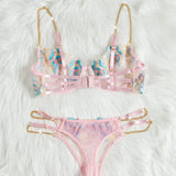 FloralLove Conjunto de lenceria sexy transparente bordada con cadenas de metal en 2 piezas para mujeres