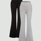 EZwear Conjunto de 2 piezas para mujer con pantalones acampanados casuales de ajuste delgado con cruce en la cintura en negro y gris