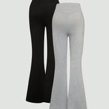 EZwear Conjunto de 2 piezas para mujer con pantalones acampanados casuales de ajuste delgado con cruce en la cintura en negro y gris