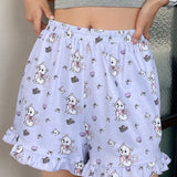 DAZY Pantalones pijama con ribete de volantes y estampado de gato lindo