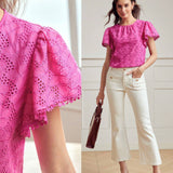 Classy Blusa de mangas murcielago solida con encaje de guipur en el borde