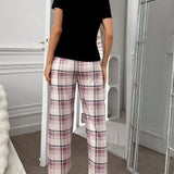 Conjunto de pijama de manga corta y pantalon largo con estampado de letras y cuadros