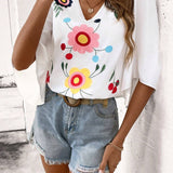 Blusa de manga acampanada con cuello en V y estampado floral para las vacaciones de verano