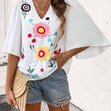 Blusa de manga acampanada con cuello en V y estampado floral para las vacaciones de verano