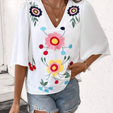 Blusa de manga acampanada con cuello en V y estampado floral para las vacaciones de verano