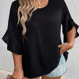 CURVE+ Blusa de manga con ondas solidas para as grandes