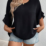 CURVE+ Blusa de manga con ondas solidas para as grandes