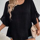 CURVE+ Blusa de manga con ondas solidas para as grandes