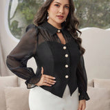 ely Camisa de botones con mangas con volantes y malla a contraste para mujer plus size