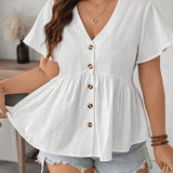 Vestidos de algodon de a grande para mujeres, verano, cuello en V para mujeres, con ribete de volantes, mangas con volantes, dobladillo fruncido, estilo Babydoll, camisa A-Line de ocio, vacaciones, blusa frontal abierta