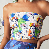 Frida Kahlo X  Top de tubo de corse ajustado y recortado para mujer con diseno de letra e impresion de personaje y diseno de Brasier Brasier sin tirantes para el verano