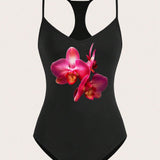 EZwear ajustado de mujer negro casual con patron floral de vacaciones en la playa, adecuado para el verano