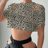 Camiseta informal de mangas cortas y cuello redondo con estampado de leopardo y dees desgastados para mujer en verano