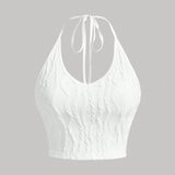 Camisola corta de cuello halter de tela de tetura blanca (a grande)