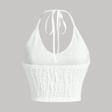 Camisola corta de cuello halter de tela de tetura blanca (a grande)