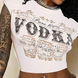 Top crop veraniego de manga corta con letra impresa y cuello redondo para mujer casual de calle con ajuste delgado