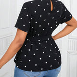 Lady Camisa ca de manga corta con lunares negros y blancos para mujer con cuello alto, lazo de cintura