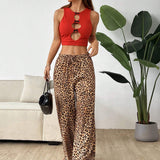 EZwear Pantalones casuales de pierna ancha con estampado de leopardo