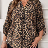 Blusa de manga enrollable con estampado de leopardo en a grande