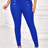 Lady Pantalones delgados azules de verano con hebilla metalica