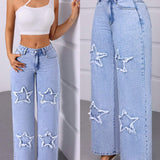 Essnce Jeans de pierna recta y corte holgado para mujer con bolsillos con forma de estrella y decoracion de parches