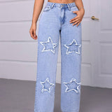 Essnce Jeans de pierna recta y corte holgado para mujer con bolsillos con forma de estrella y decoracion de parches