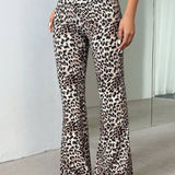 EZwear Pantalones acampanados de punto con estampado de leopardo y cintura doblada