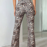 EZwear Pantalones acampanados de punto con estampado de leopardo y cintura doblada