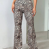 EZwear Pantalones acampanados de punto con estampado de leopardo y cintura doblada