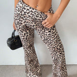 EZwear Pantalones acampanados de punto con estampado de leopardo y cintura doblada