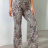 EZwear Pantalones acampanados de punto con estampado de leopardo y cintura doblada