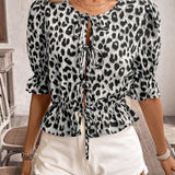 Blusa plisada redonda de verano para mujer con estampado de leopardo