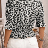 Blusa plisada redonda de verano para mujer con estampado de leopardo