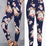 Clasi Pantalones largos elegantes Slim con decoracion de boton falso y estampado floral para mujeres