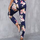 Clasi Pantalones largos elegantes Slim con decoracion de boton falso y estampado floral para mujeres