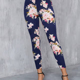 Clasi Pantalones largos elegantes Slim con decoracion de boton falso y estampado floral para mujeres