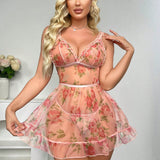 Conjunto de vestido de dormir de lenceria de malla romantica y vintage con estampado floral, dobladillo con volantes y tanga - Conjunto de 2 piezas