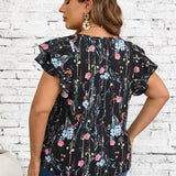 Clasi Camisa de verano estampada para mujeres de a grande, con mangas de doble capa con volantes y estilo erno