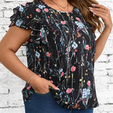 Clasi Camisa de verano estampada para mujeres de a grande, con mangas de doble capa con volantes y estilo erno