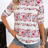 Blusa de verano para mujer con cuello redondo y mangas cortas con estampado de flores