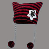 2024 Nuevo gorro de punto con orejas de gato para mujeres, otono/invierno, engrosado y forrado de forro polar, gorro holgado a rayas gris con decoracion de estrella de cinco puntas