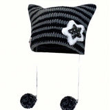 2024 Nuevo gorro de punto con orejas de gato para mujeres, otono/invierno, engrosado y forrado de forro polar, gorro holgado a rayas gris con decoracion de estrella de cinco puntas