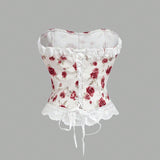 MOD Top bustier con estampado de rosa y decoracion floral 3D