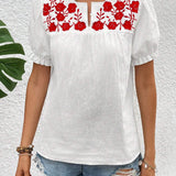 Camisa simple de manga corta para mujer con decoracion de bordado floral para uso diario