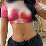 Camiseta corta de manga corta con cuello redondo y estampado Tie Dye para mujer de a grande, de ajuste cenido al cuerpo para el verano