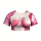 Camiseta corta de manga corta con cuello redondo y estampado Tie Dye para mujer de a grande, de ajuste cenido al cuerpo para el verano