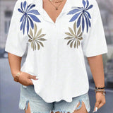 Camisa casual de verano con botones delanteros y bordados florales en a grande