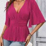 EMERY ROSE Blusa de manga plisada y corte peplum con escote pronunciado en V